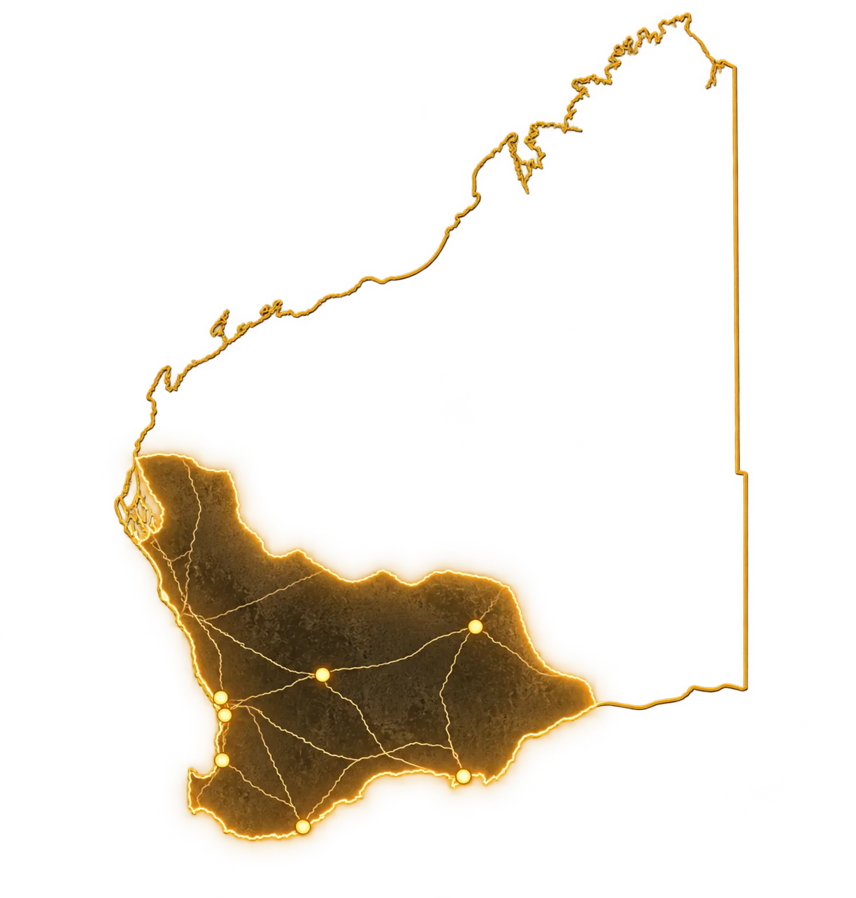 Map of Western Australia highlighting South West Threads' service regions