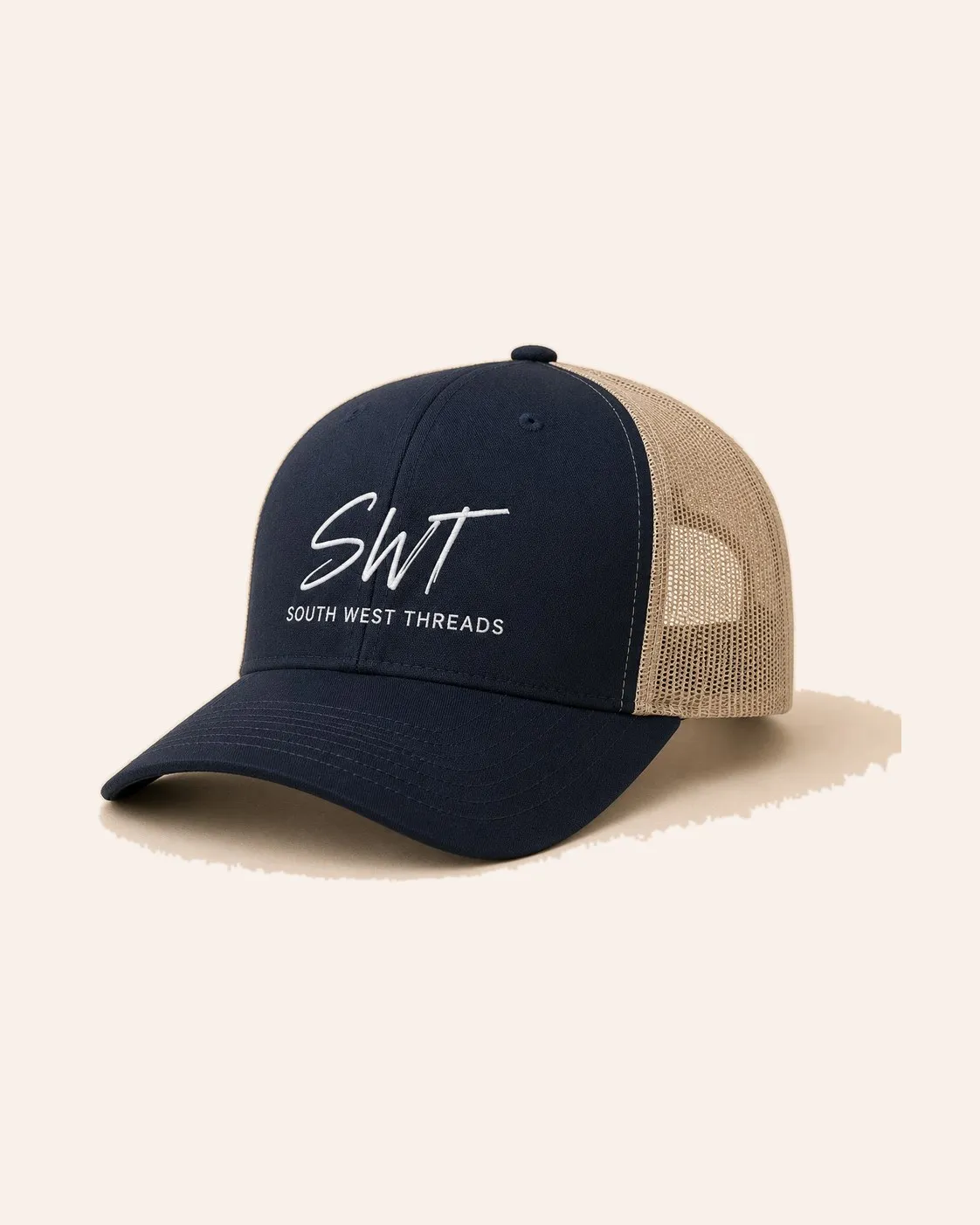 Navy and beige trucker cap