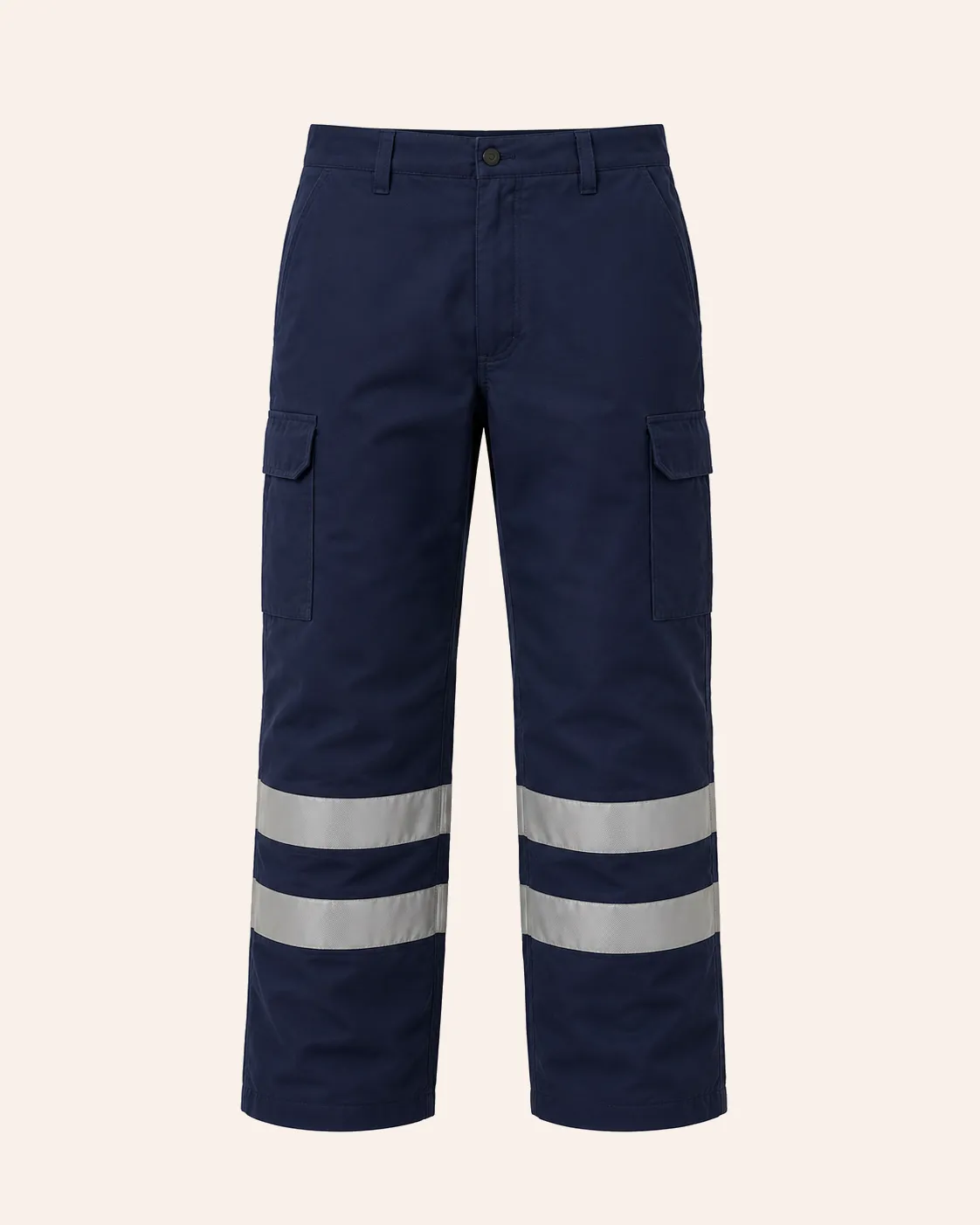 Navy work pants with silver reflective bands