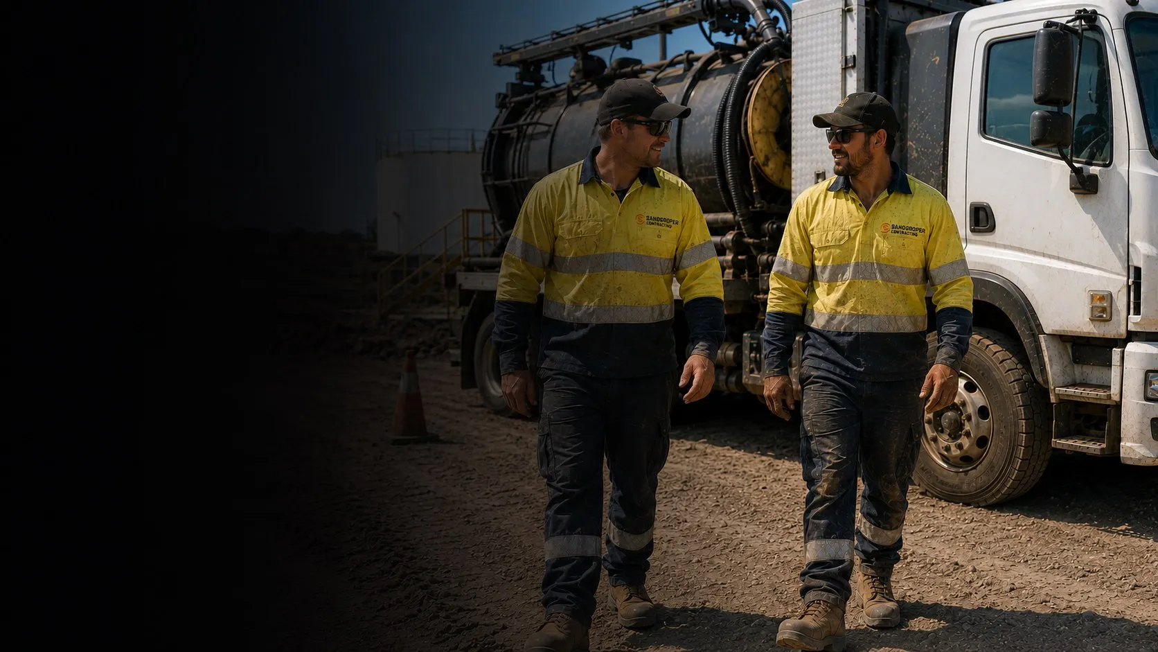Hi-vis workwear — vac truck crew in South West Threads branded hi-vis